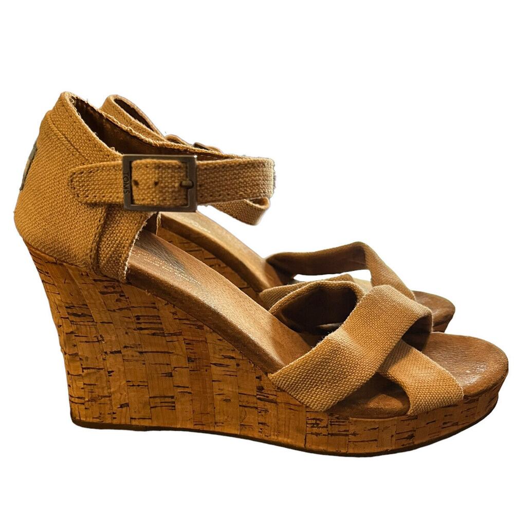 TOMS Tan Canvas Cork Wedge Sandals Women's 9.5 Ankle Strap Boho Heels‎